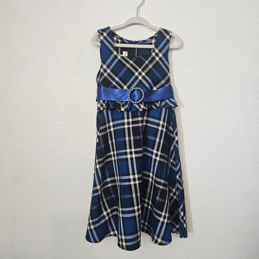 Ashley Ann Blue and Black Plaid Sleeve Dress Girls Size 5ā